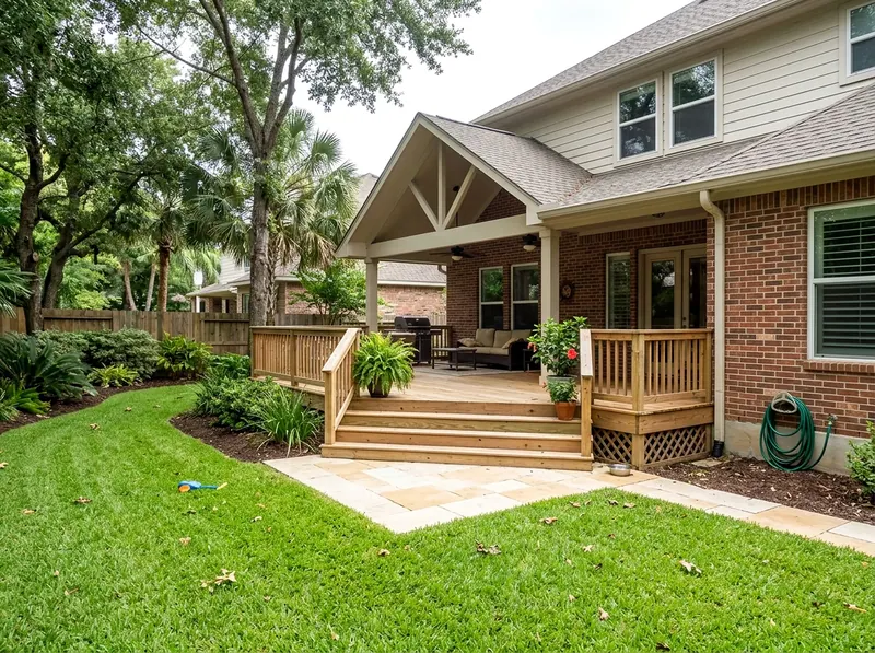 450 sq ft Limestone Wood Tropical deck