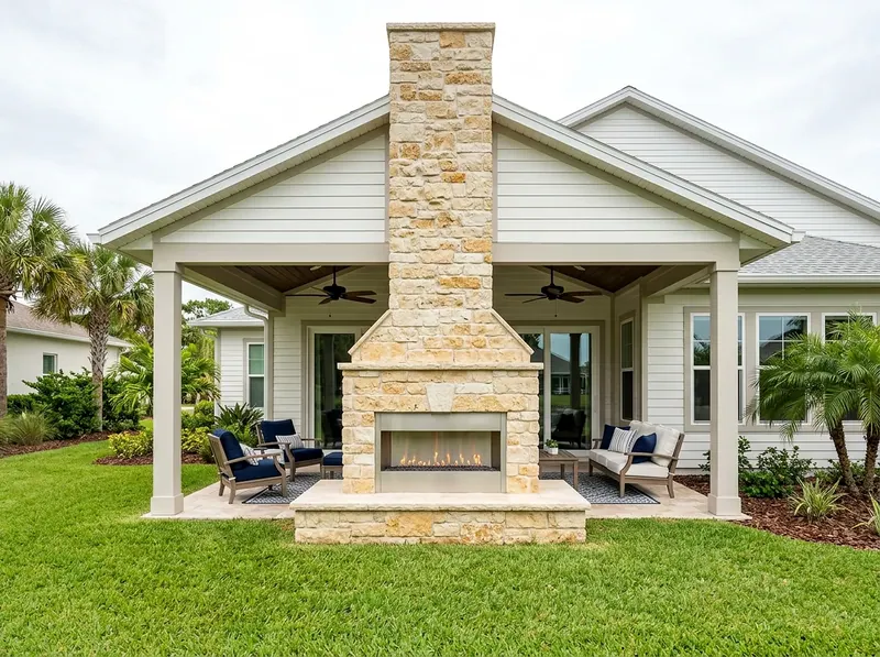 Compact Limestone Linear gas Coastal fireplace