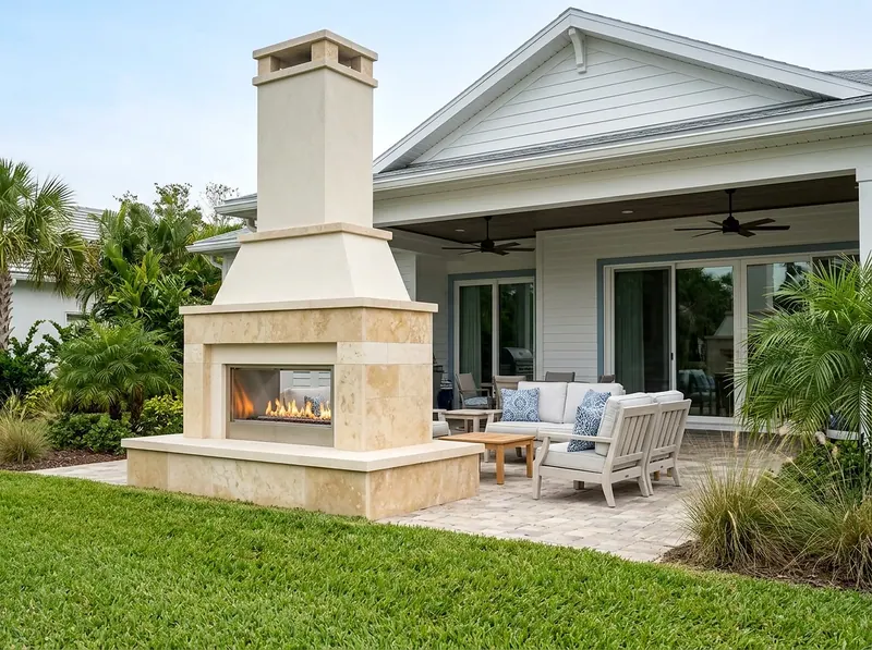 Compact Limestone Linear gas Coastal fireplace