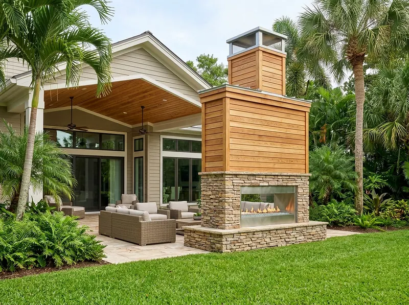 Large Natural cedar Linear gas Tropical fireplace