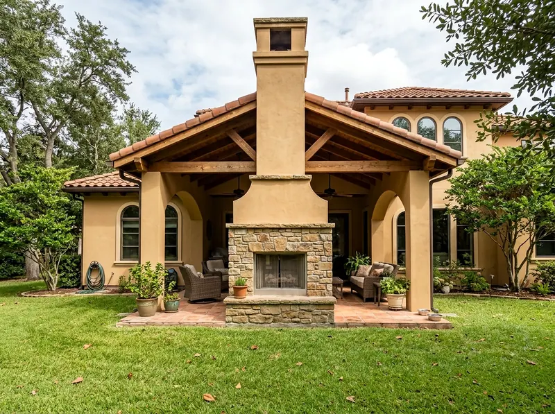 Large Natural cedar Masonry Mediterranean fireplace