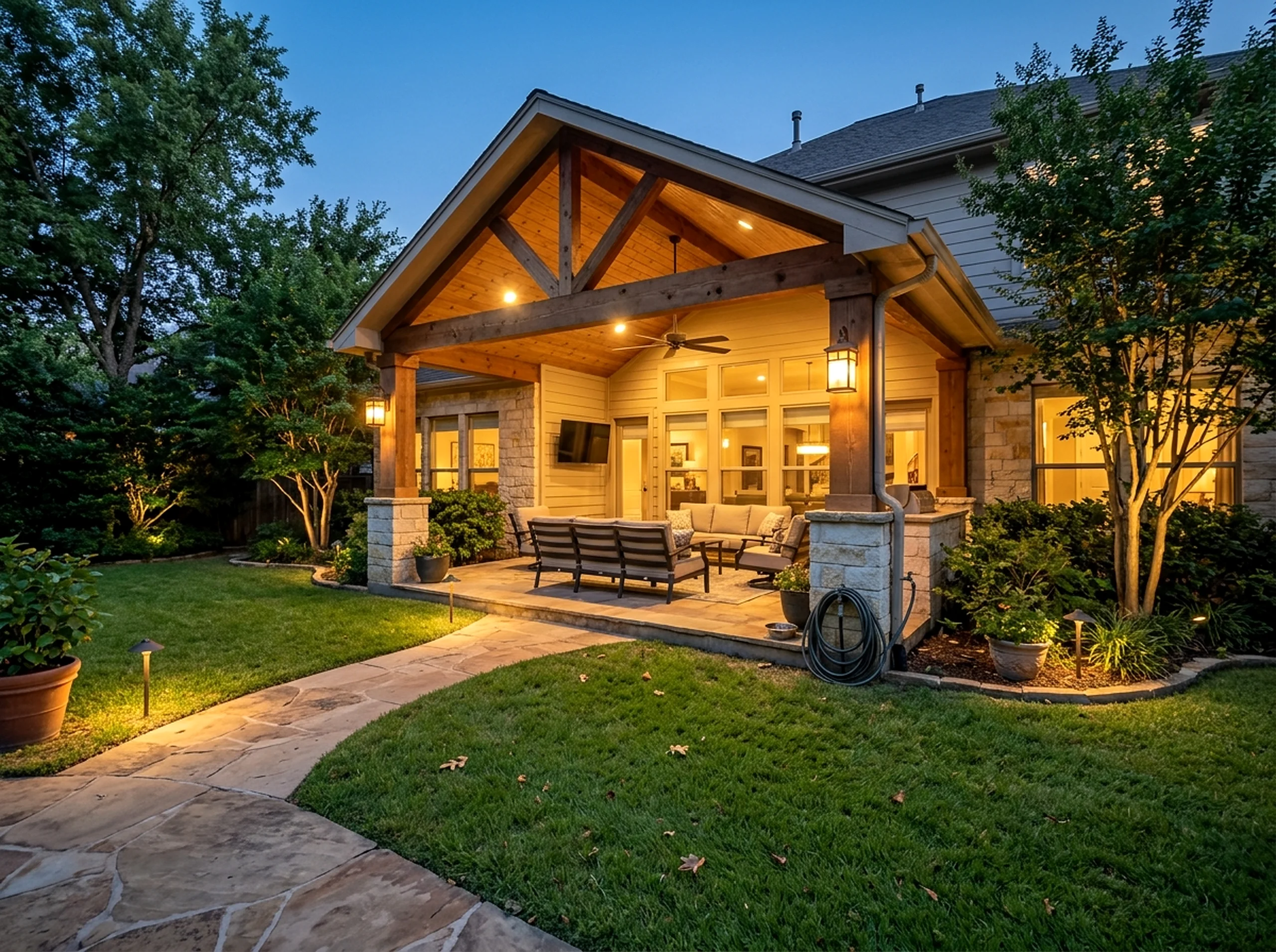2 zones Limestone Path and accent Craftsman outdoor lighting