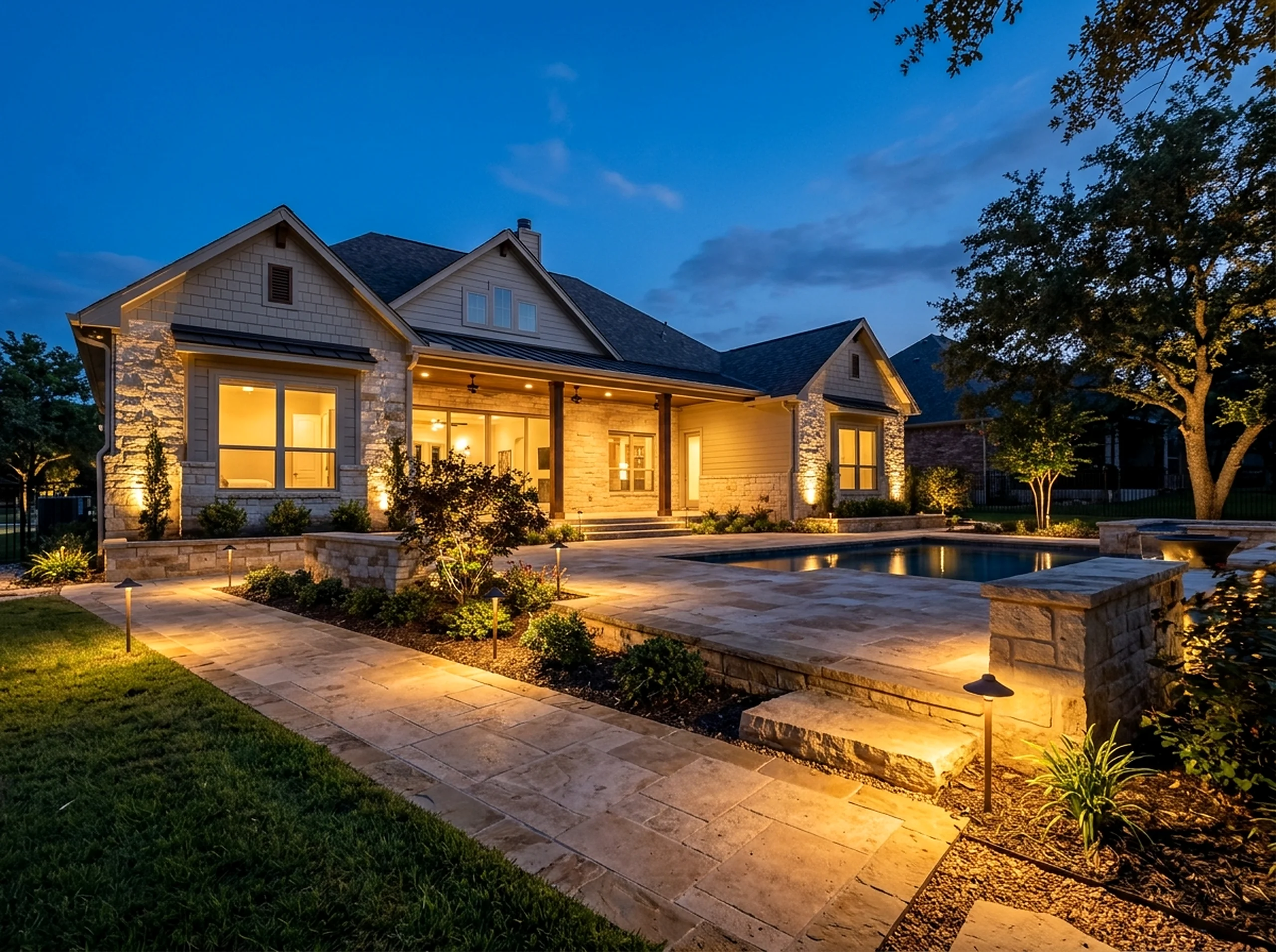 2 zones Limestone Path and accent Luxury Resort outdoor lighting