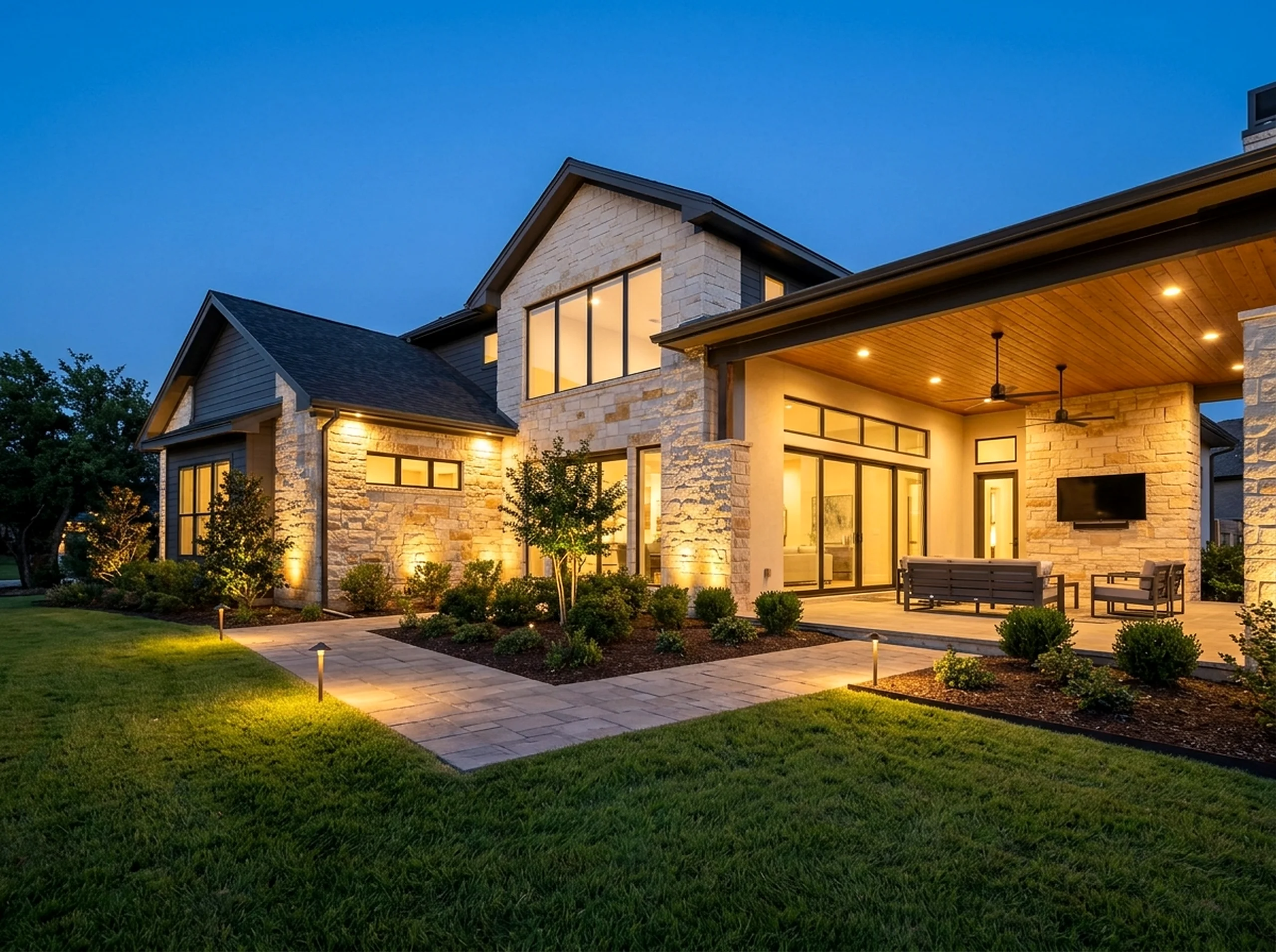 2 zones Limestone Path and accent Modern outdoor lighting