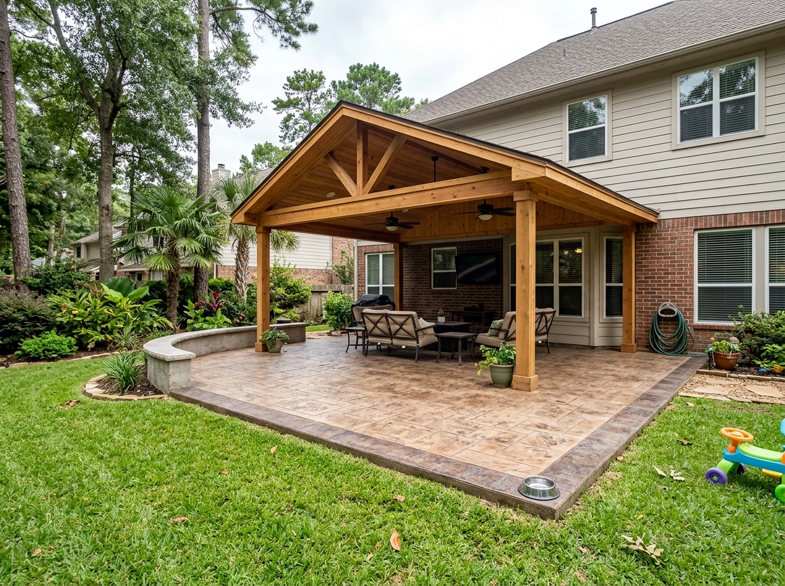 600 sq ft Natural cedar Stamped Tropical pavers & patio