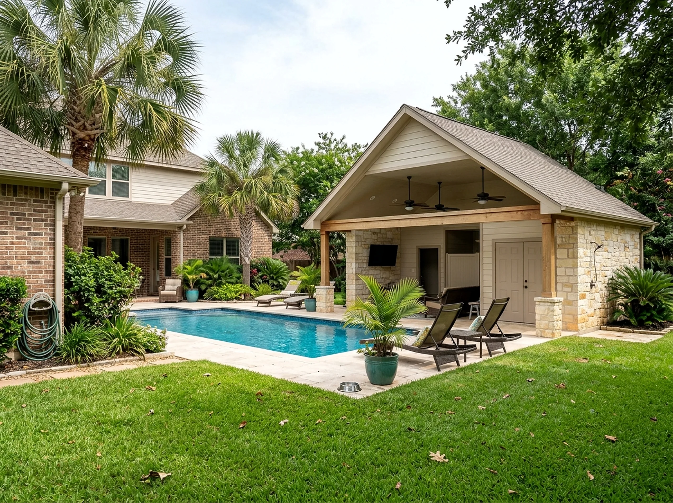 Large yard Limestone Open Tropical pool house