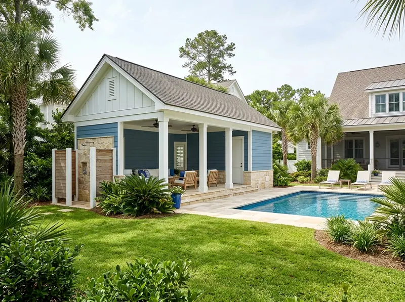 Smaller yard Limestone With a bath Coastal pool house