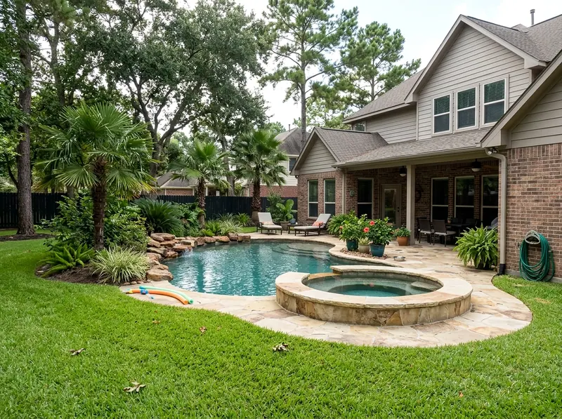Large yard Limestone Standard finish Tropical shotcrete pool