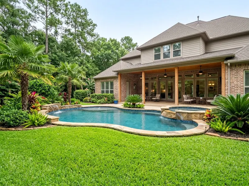 Large yard Natural cedar Value finish Tropical shotcrete pool