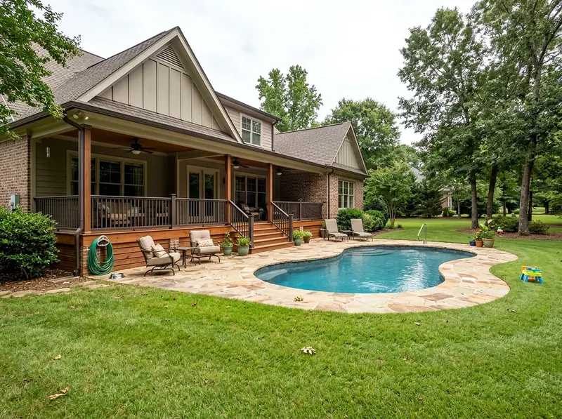Family yard Charcoal Value finish Farmhouse shotcrete pool